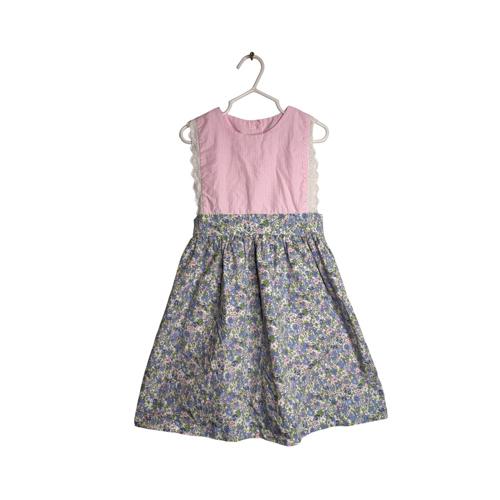 Smockingbird Girls Size 5 Pink Gingham Floral Lace Trim Button Back Cotton Dress